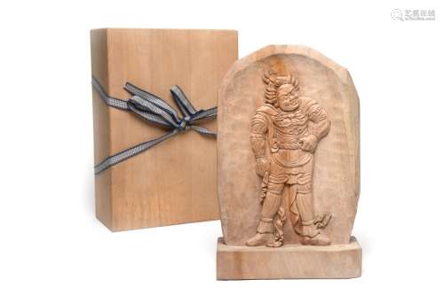 A wooden plaques carved with Indara Taisho with box