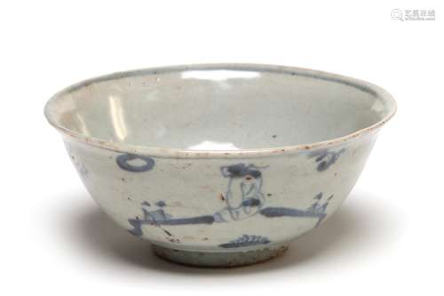 A blue and white porcelain Ming bowl painted with immortal o...