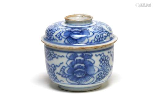 A small blue and white porcelain covered jar painted with pe...