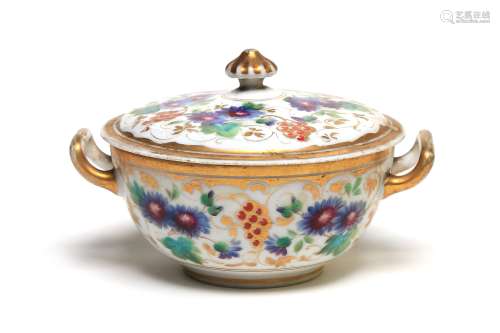 A polychrome porcelain covered soup container printed with f...