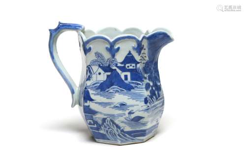 A blue and white porcelain jug painted with landscape