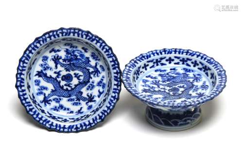A pair of blue and white porcelain stem dishes painted with ...