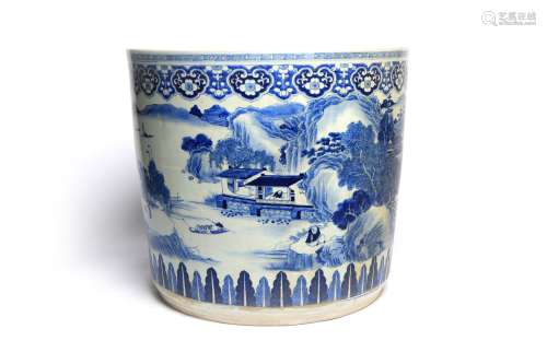 A large of blue and white porcelain cylindrical planter pain...
