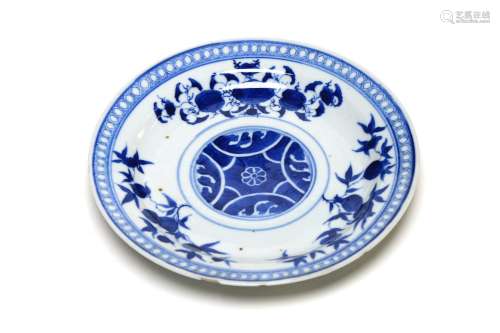A blue and white porcelain dish painted with peach pattern