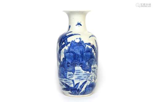 A blue and white porcelain vase painted with roosters under ...