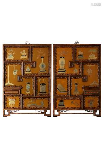 A PAIR OF WOOD CARVED LACQUER PANEL,QING DYNASTY