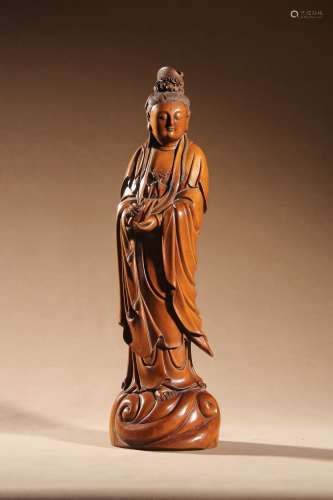 A CARVED HUANGYANGMU FIGURE OF GUANYIN,QING DYNASTY