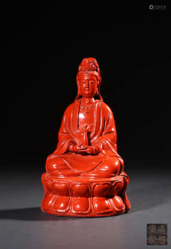 A CINNABAR LACQUER FIGURE OF GUANYIN,QING DYNASTY