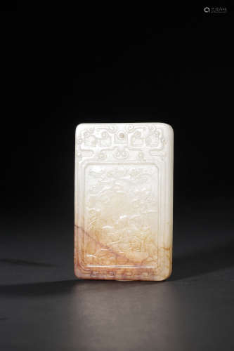 A CARVED WHITE JADE‘FIGURE’PLAQUE,QING DYNASTY