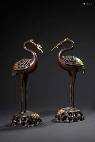 A PAIR OF GILT-BRONZE CRANE-SHAPED INCENSE BURNERS,QING DYNA...