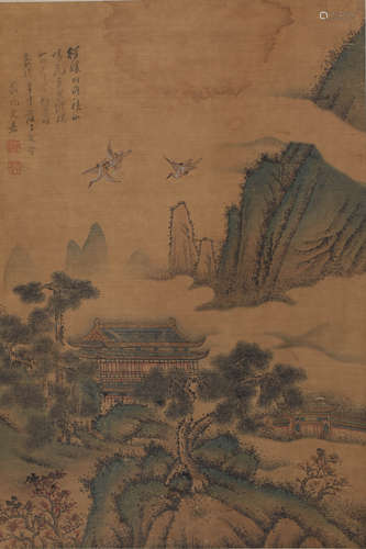 A LANDSCAPE PAINTING 
SILK SCROLL
WEN JIA MARK