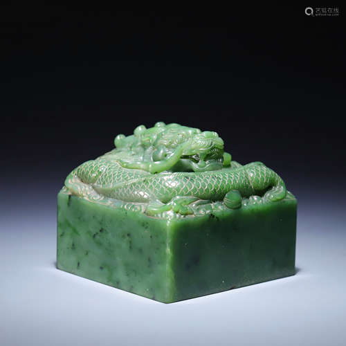 A SPINACH-GREEN JADE SEAL ,QING DYNASTY