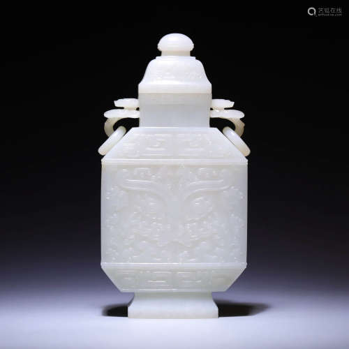 A WHITE JADE‘LINGZHI AND TAOTIE’VASE AND COVER,QING DYNASTY