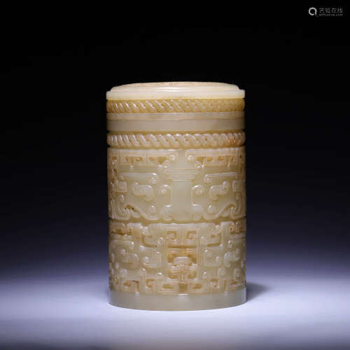 A CARVED WHITE JADE‘TAOTIE’JAR AND COVER,QING DYNASTY