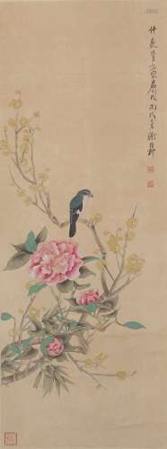 A FLOWER AND BIRD PAINTING 
PAPER SCROLL
XIE ZHILIU  MARK