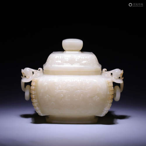 A WHITE JADE‘TAOTIE’CENSER AND COVER,QING DYNASTY