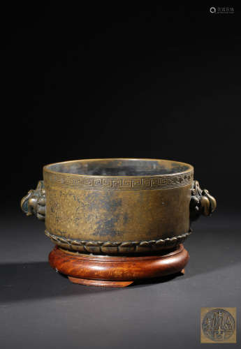 A BRONZE CENSER WITH TWO HANDLES AND STAND,XUANDE MARK ,QING...