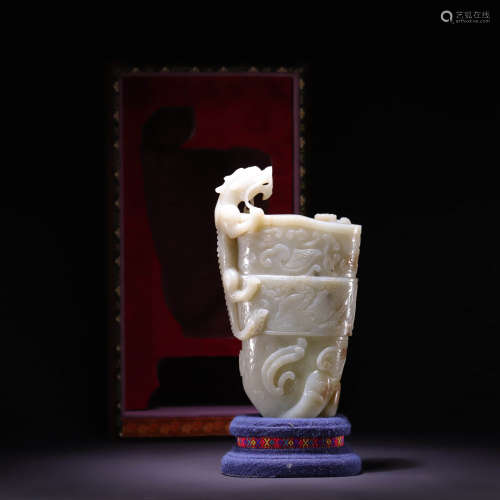 A CARVED WHITE JADE RHYTON,QING DYNASTY