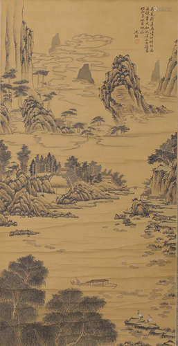 A LANDSCAPE PAINTING 
SILK SCROLL
SHEN ZHOU MARK