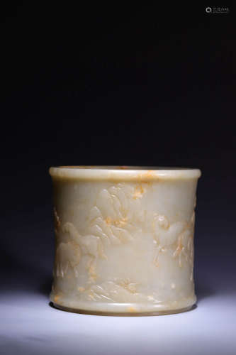 A CARVED WHITE AND RUSSET JADE ‘HORSE’BRUSHPOT,QING DYNASTY