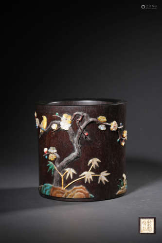 A ROSEWOOD GEMA-INLAID BRUSHPOT,MARK AND PERIOD OF QIANLONG