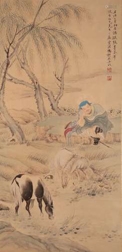 A MAN AND HORSE PAINTING 
PAPER SCROLL
FENG CHAORAN MARK