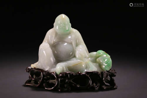 A CARVED JADEITE FIGURE OF MAITREYA,QING DYNASTY