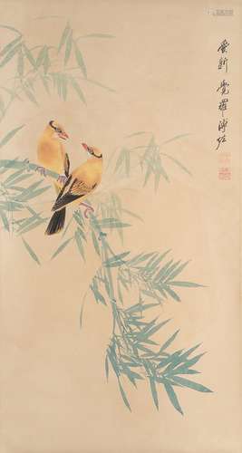 A FLOWER AND BIRD PAINTING 
PAPER SCROLL
PU ZUO MARK