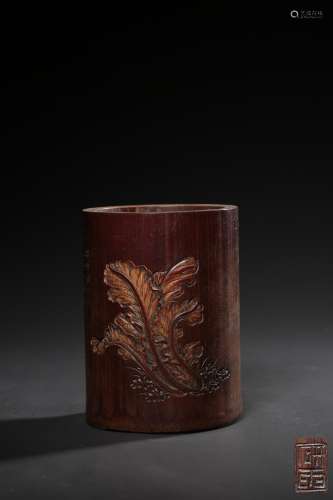 A BAMBOO‘CABBAGE AND POEM’BRUSHPOT,QING DYNASTY