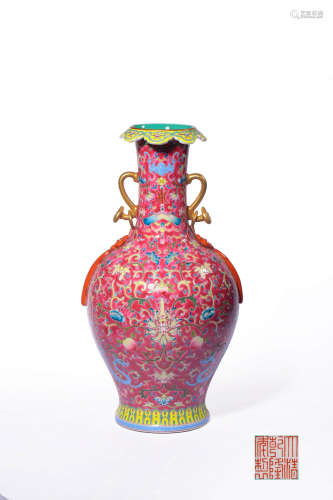A RUBY-GROUND YANGCAI ‘FLOWER’VASE,MARK AND PERIOD OF QIANLO...