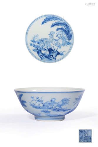 A BLUE AND WHITE ‘CHICKENS’BOWL,MARK AND PERIOD OF QIANLONG