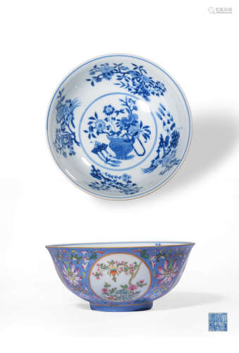 A BLUE-GROUND YANGCAI‘FOLWER’BOWL,MARK AND PERIOD OF DAOGUAN...