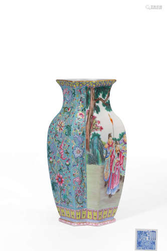 A TURQUOISE-GROUND FAMILLE-ROSE‘LANDSCAPE’VASE,MARK AND PERI...