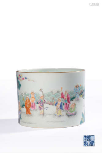 A FAMILLE-ROSE‘18 ARHATS’BRUSHPOT,MAKE AND PERIOD OF YONGZHE...