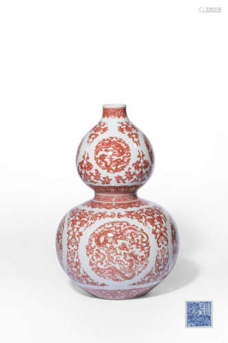 A COPPER-RED GLAZED‘DRAGON’DOUBLE-GOURD VASES.MARK AND PERIO...