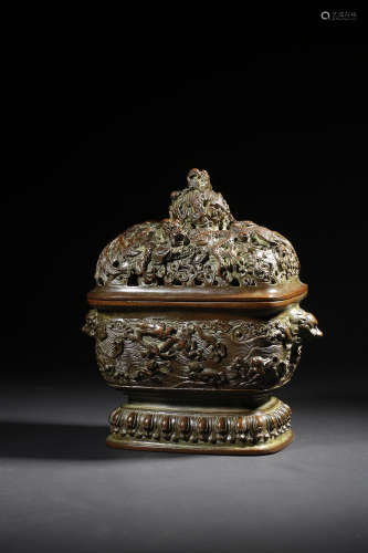A BRONZE ‘DRAGON’CENSER,COVER AND STAND
