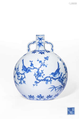 A BLUE AND WHITE ‘BIRD AND PLUM BLOSSOM’MOONFLASK,MARK AND P...