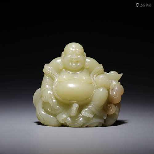 A YELLOW JADE FIGURE OF MAITREYA,QING DYNASTY