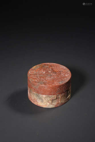A CARVED SOAPSTONE ‘LANDSCAPE’BOX,QING DYNASTY