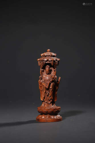 A CARVED BOXWOOD FIGURE OF GUANYIN,QING DYNASTY
