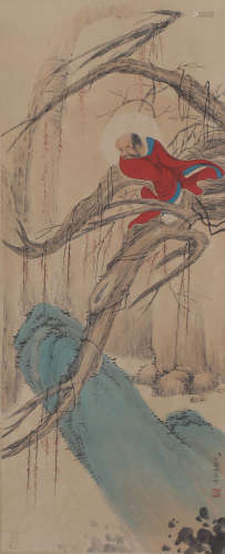 A LUOHAN PAINTING 
PAPER SCROLL
DING GUANPENG MARK