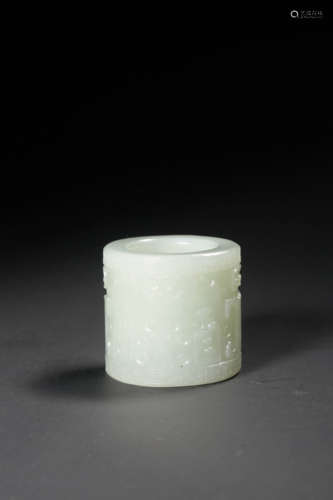 A WHITE JADE‘TAOTIE’ ARCHER'S RING,,QING DYNASTY