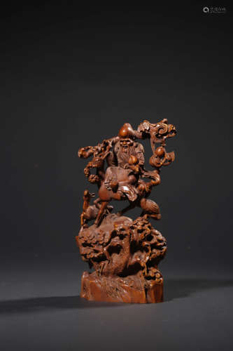 A CARVED BOXWOOD FIGURE OF LONGECUTY IMMORTAL,QING DYNASTY