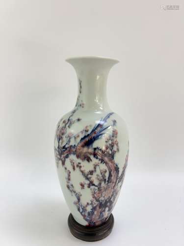 A magpie decorated underglaze red vase, marked, Qing Dynasty...