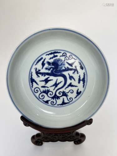 A blue&white dragon depicted dish, marked, Qing Dynasty Pr.