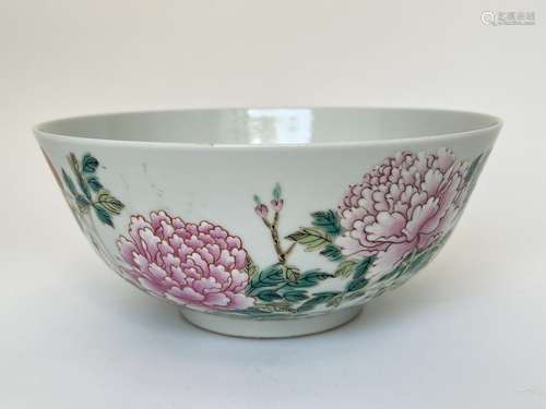 A peony flowers decorated large bowl, marked, Qing Dynasty P...