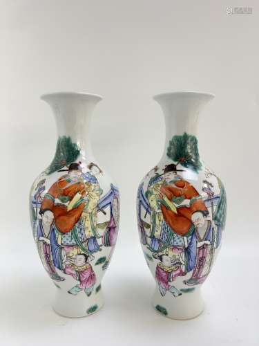A pair of famille rose vases, marked, Qing Dynasty Pr.
