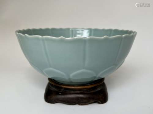 A ver rare sky blue monochrome lotous shape large bowl, mark...