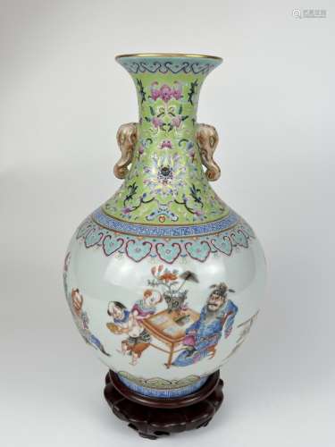 A famille rose vase with double ears, marked, Qing Dynasty P...