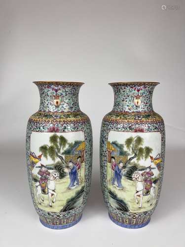 A pair of famille rose vases, marked, Republic Pr.